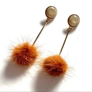 Faux Fur Pom Ball Linear Drop Gold Tone Earrings
